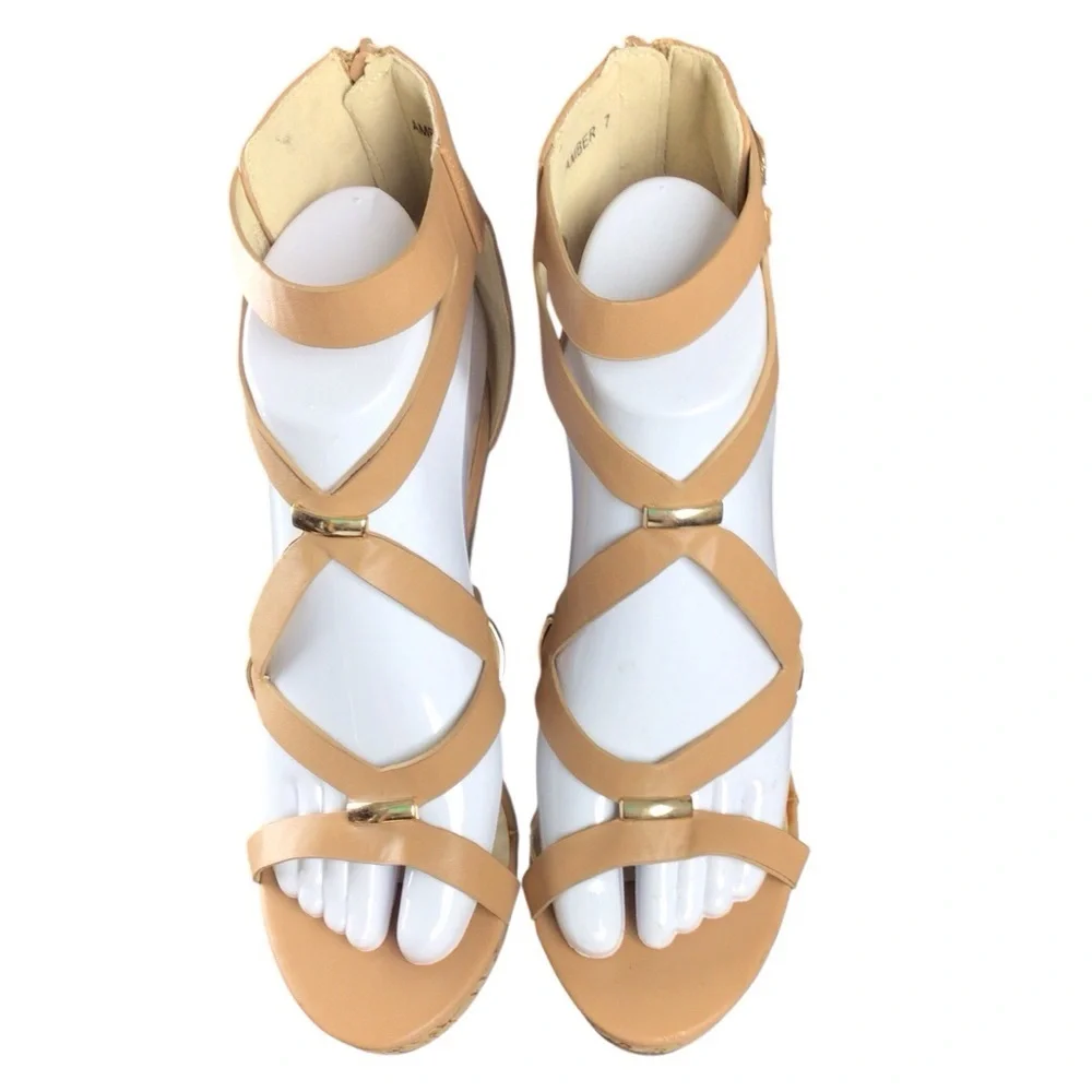 Pink Key Tan Strappy Cork Wedge Sandals size 7